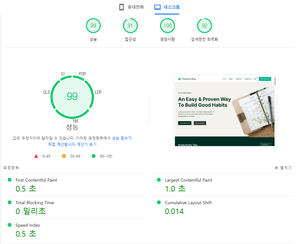 RocketNet 구글페이지스피드 속도 테스트(데스크탑)
