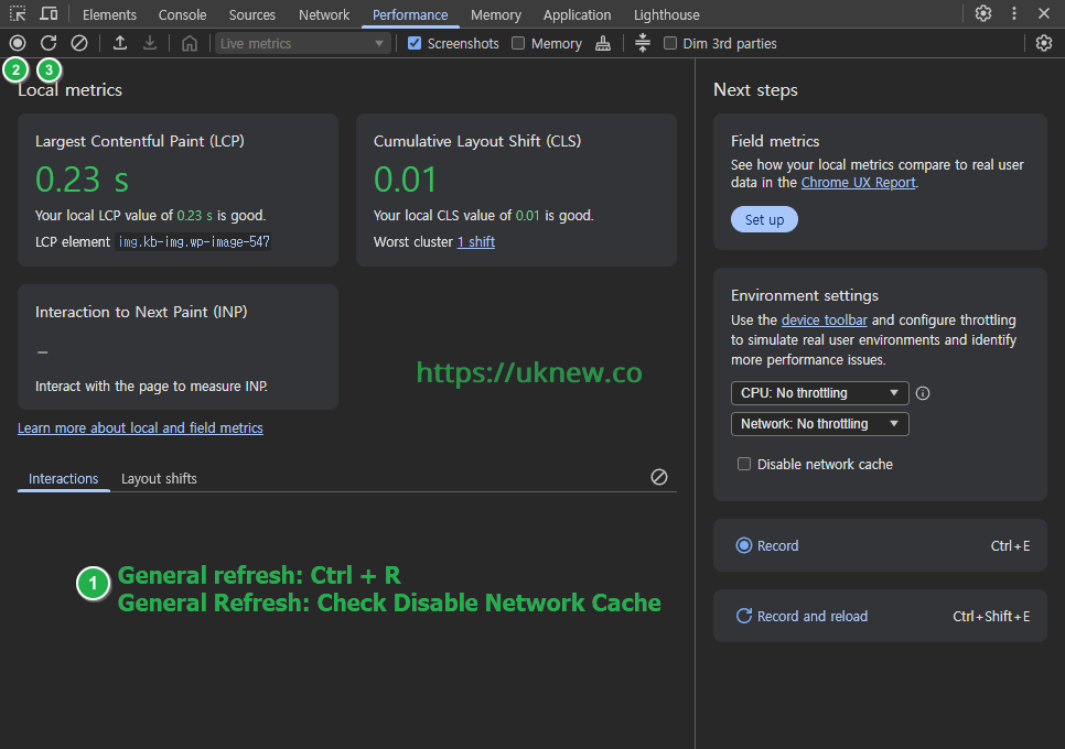 웹사이트 성능 테스트 - 크롬 개발자 도구 성능 탭 ①②③ 설정[영어]
