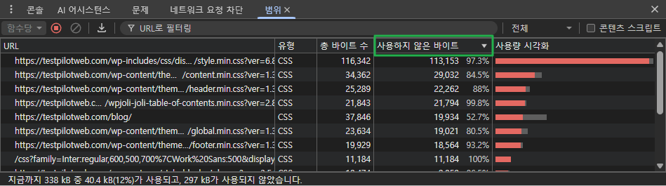 웹사이트 성능 테스트 - 크롬 개발자 도구_Coverage 탭 - 사용되지 않은 바이트