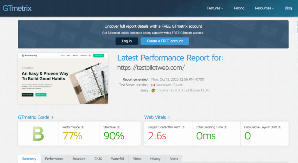 웹사이트 속도 측정 - GTmetrix 테스트 완료 1 [testpilotweb]