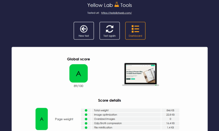 웹사이트 속도 측정 - Yellow Lab Tools_데스크탑 결과