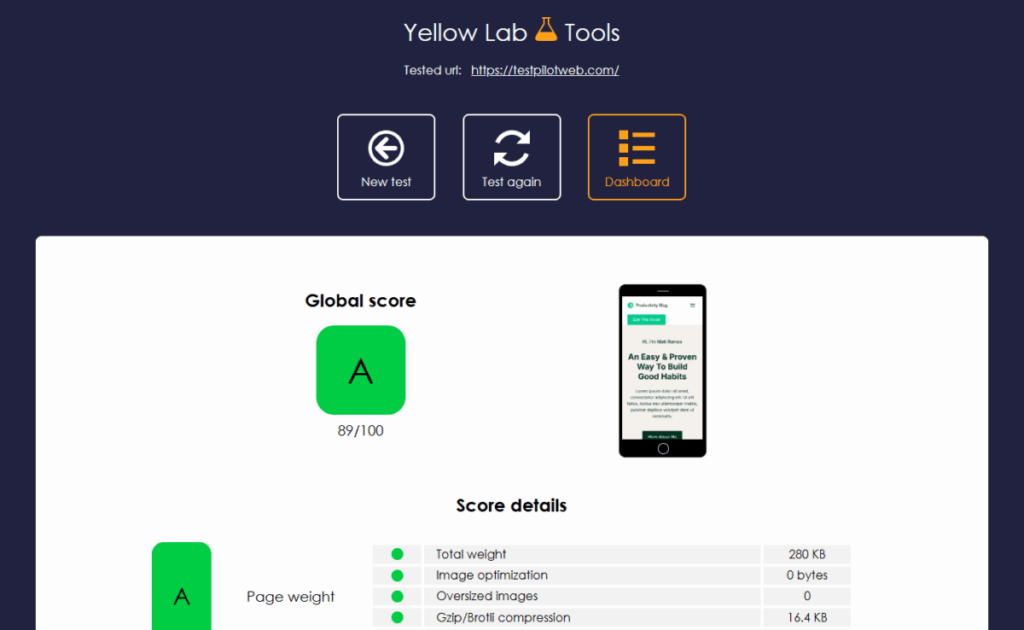 웹사이트 속도 측정 - Yellow Lab Tools_모바일 결과