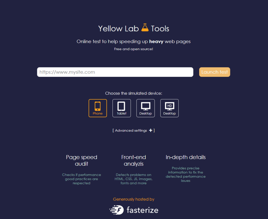 웹사이트 속도 측정 - Yellow Lab Tools(모바일 설정 속도 테스트)