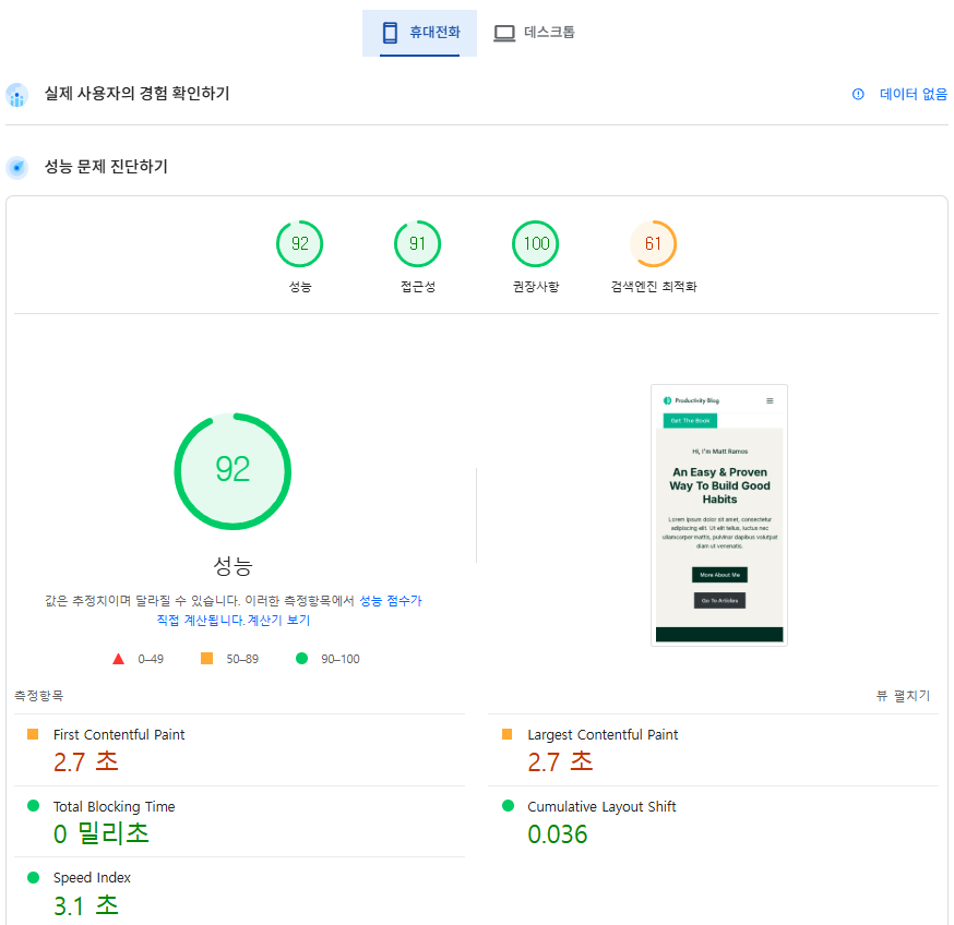 구글 페이지스피드 FastComet 성능 테스트(ListSpeed Cache&CDN[모바일]