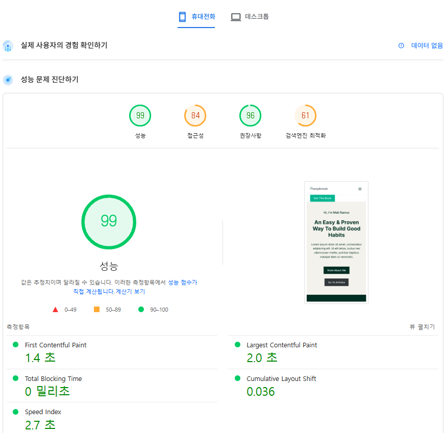 구글 페이지스피드 FastComet 성능 테스트[모바일]